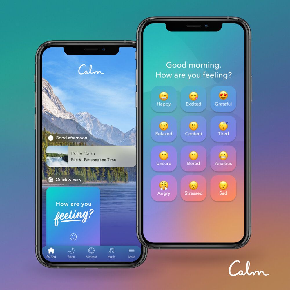 Guided meditations, breathing exercises, mood control, and other meditation and mindfulness courses are consistent with the brand (*shots from [Calm Blog](https://blog.calm.com/blog/how-are-you-feeling-a-31-day-challenge){ rel="nofollow" target="_blank" .default-md}*)