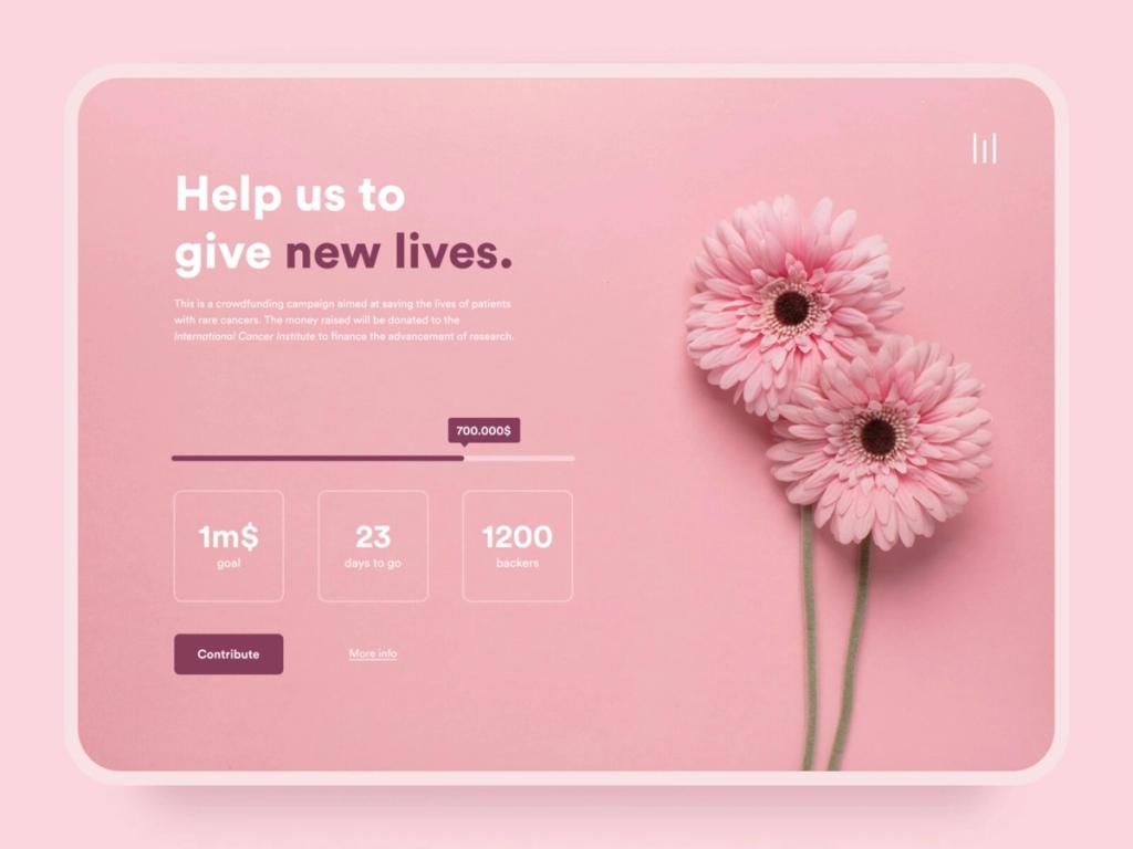 To create a crowdfunding platform that will actually help crowdfunding campaigns raise funds, consider offering various crowdfunding options (equity-based, reward-based, donation-based) (*image by [Cristina Gabrieli](https://dribbble.com/cristinagabrieli){ rel="nofollow" target="_blank" .default-md}*)