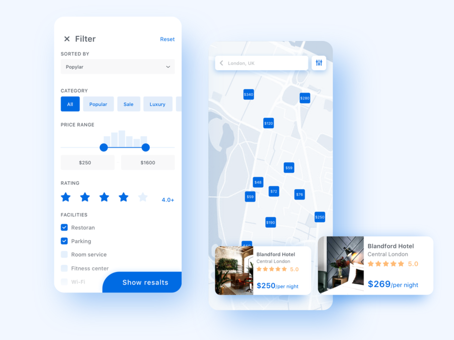 Implementation of filtering and sorting features in a hotel booking app (*image by [Alex Makarowa](https://dribbble.com/dzmadchen){ rel="nofollow" .default-md}*)