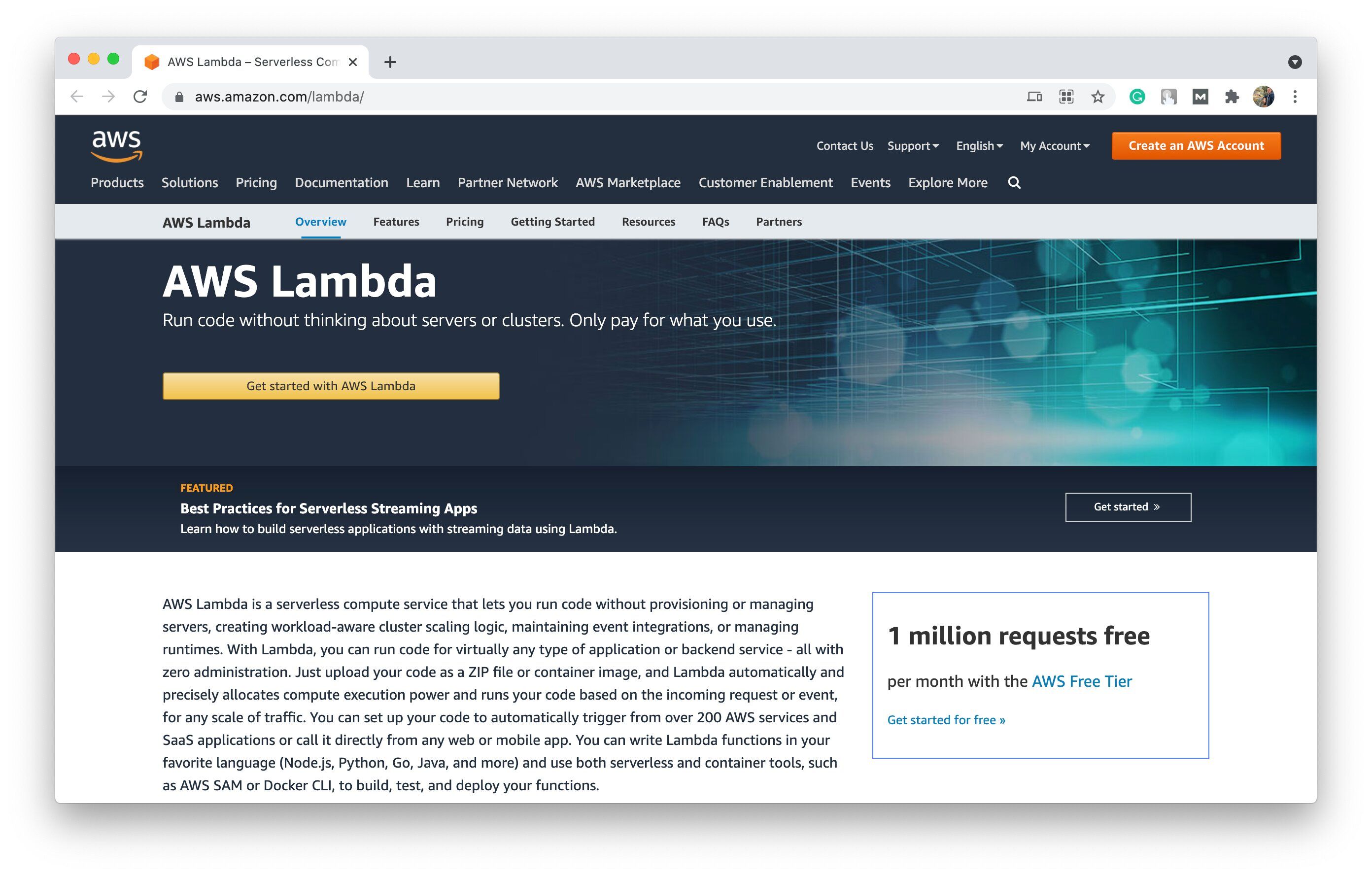 AWS Lambda is one of the most widely used serverless computing systems on the market that offers multiple additional tools for free (including cloud native ones) (*image by [AWS](https://aws.amazon.com/lambda/){ rel="nofollow" target="_blank" .default-md}*)
