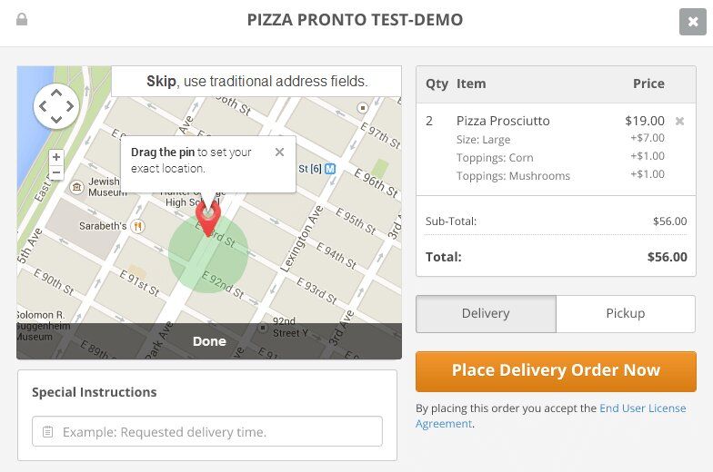 Food delivery website map with a precise pick-up point (*shots from [GloriaFood](https://www.gloriafood.com/delivery-map-in-food-delivery-system){ rel="nofollow" target="_blank" .default-md}*)