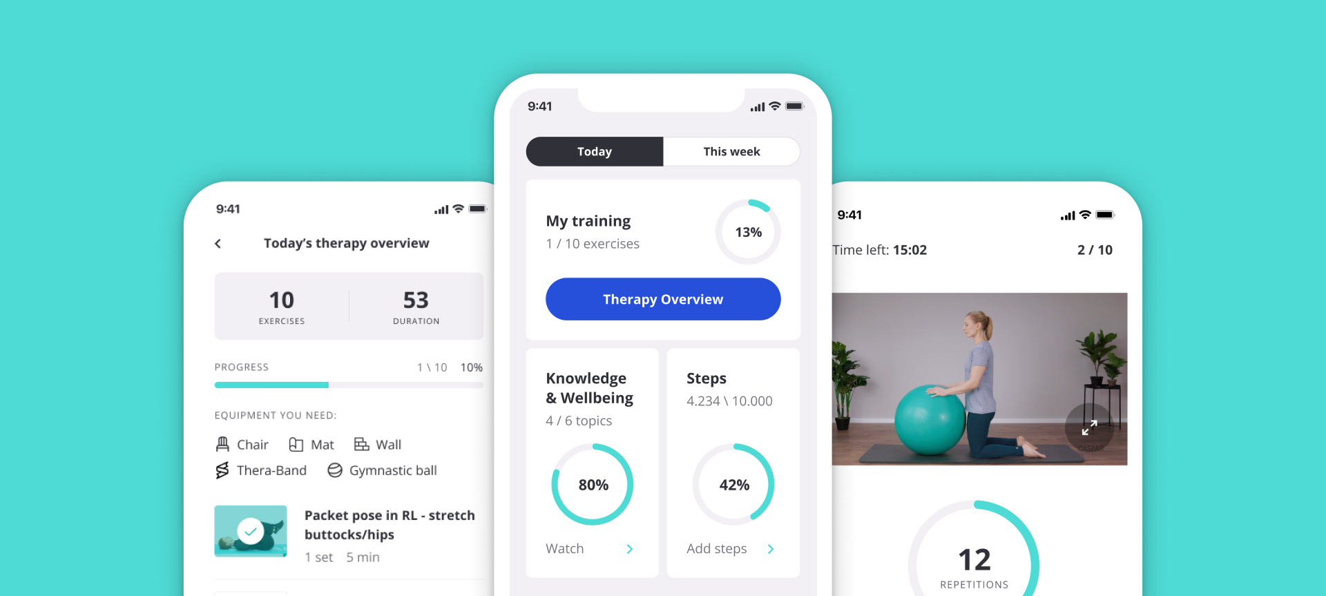 Screenshots of the Caspar Health app with rehabilitation tracking features