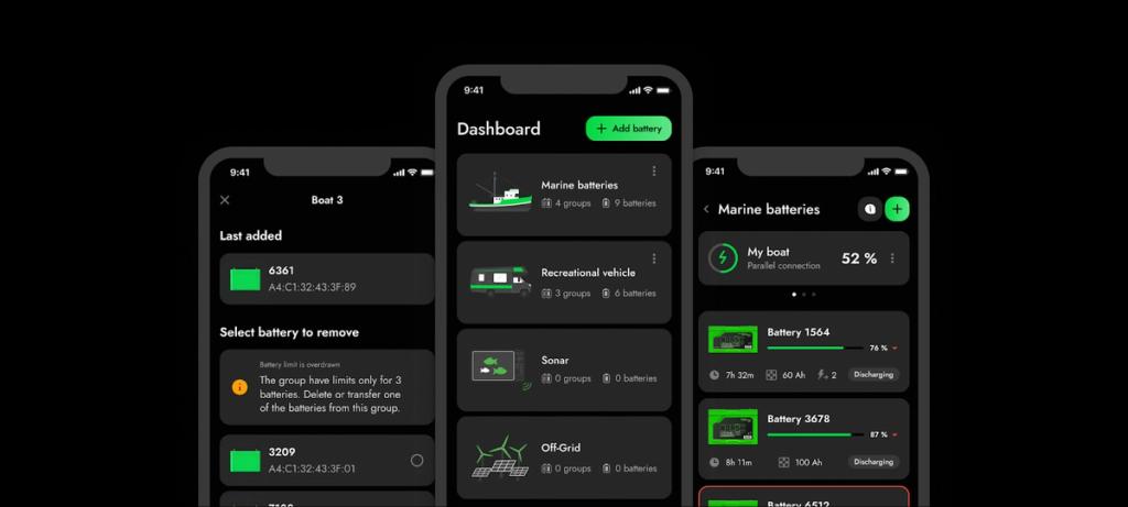 Screenshots of the Norsk Guardian app displaying the main analytics of the boat’s batteries