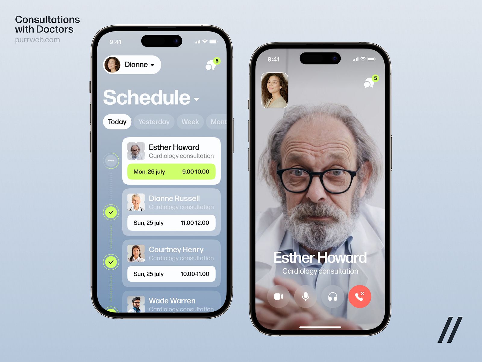 Mobile app interface shows a schedule for virtual doctor consultations