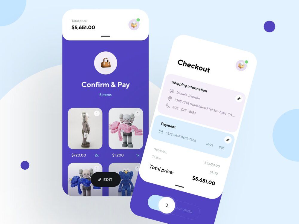 To build an on-demand delivery app, you’ll need a checkout for users to complete the order (*image by [Anton Mikhaltsov 👨🏻‍🎨](https://dribbble.com/mikhaltsov23){ rel="nofollow" target="_blank" .default-md}*)