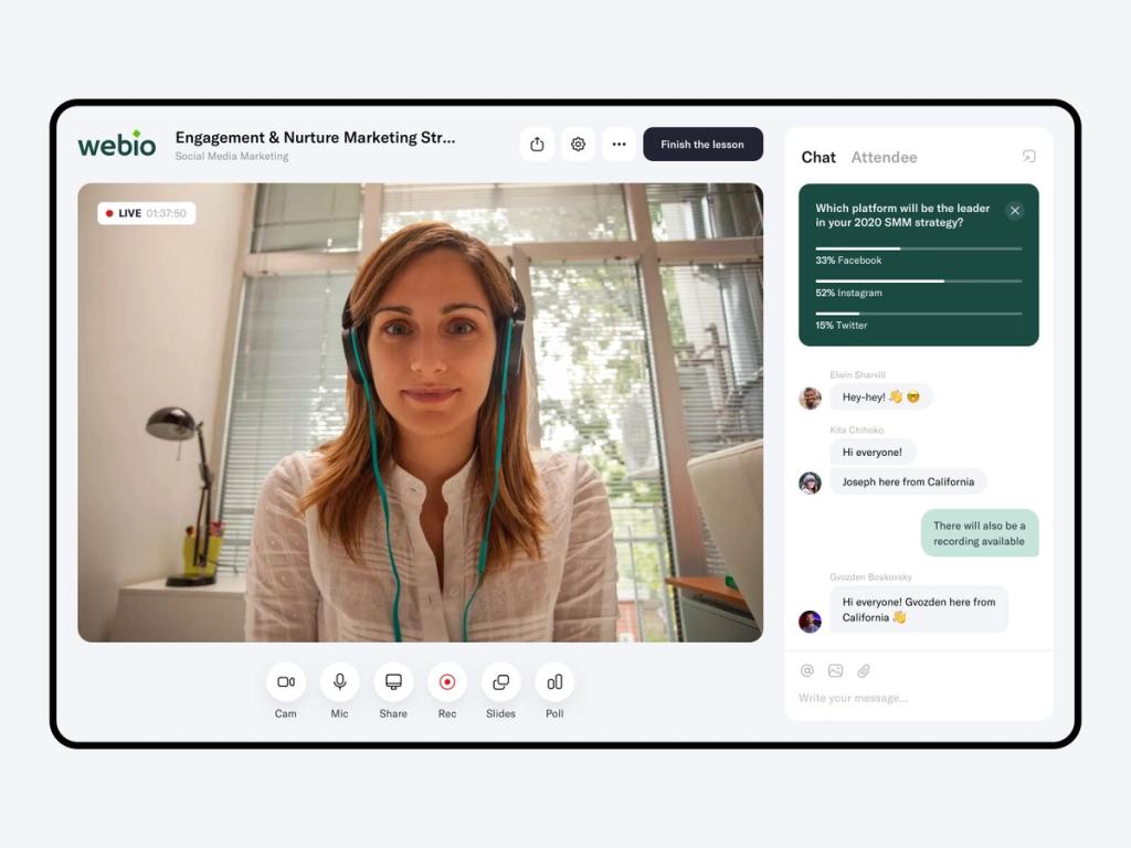 You may enhance video calls on your eLearning website or app with features like screen sharing or built-in polls to give users additional value