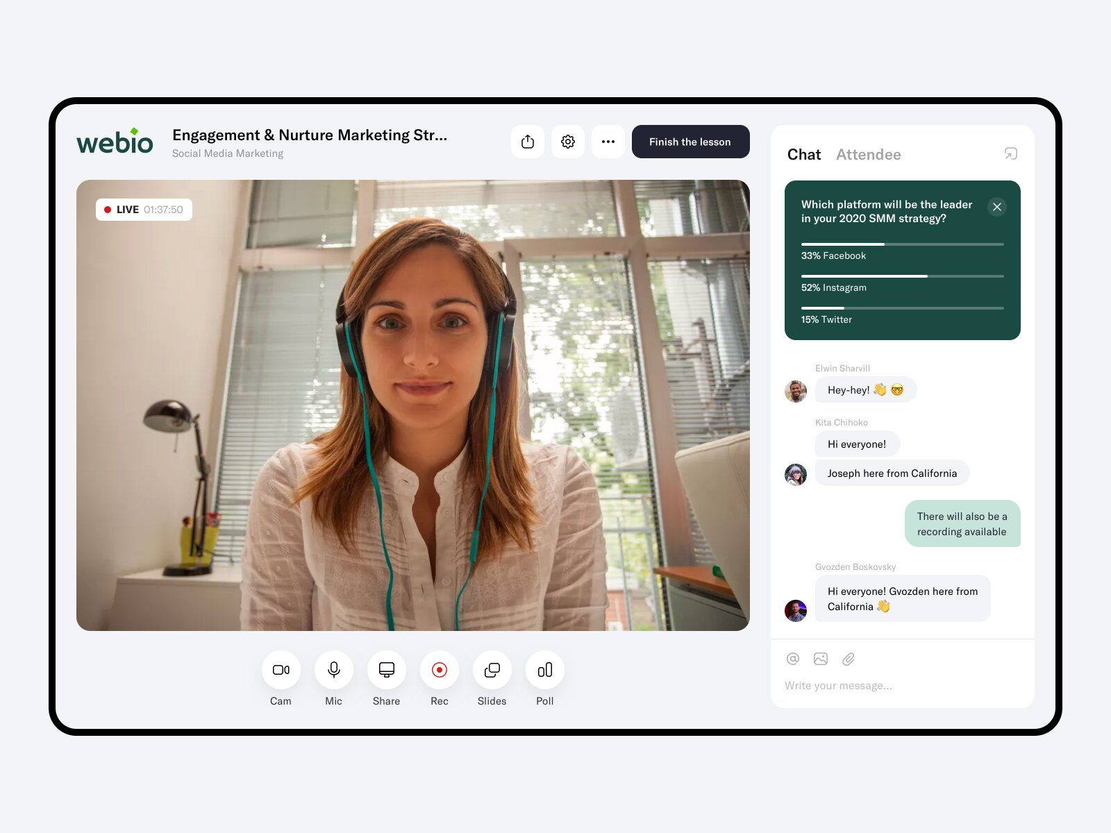 You may enhance video calls on your eLearning website or app with features like screen sharing or built-in polls to give users additional value (*image by [Eugene Olefir](https://dribbble.com/olefir){ rel="nofollow" .default-md}*)