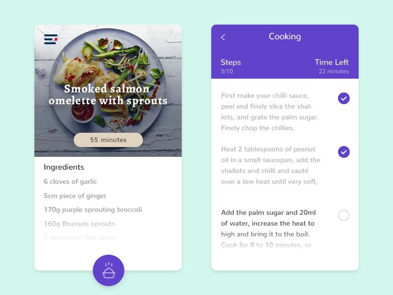 Step-by-step instructions in a cooking app (*image by [Pavlo Aliko](https://dribbble.com/pavloaliko){ rel="nofollow" .default-md}*)