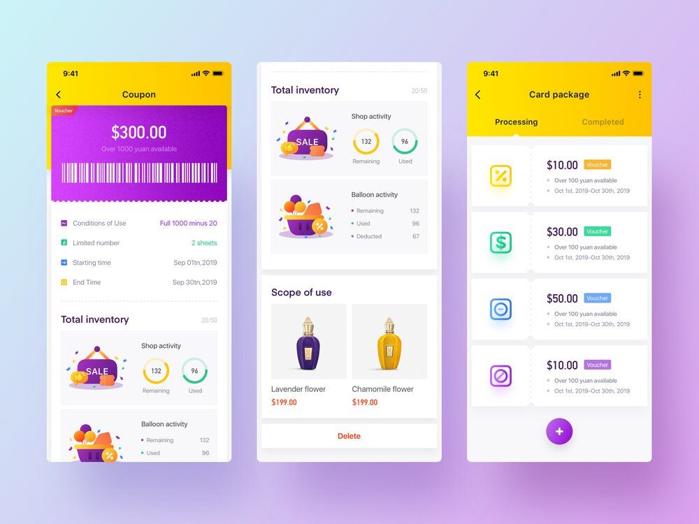 To build a mobile loyalty solution for small businesses or bigger corporations, think about adding coupons &amp; gift cards to your rewards program (*image by [DorisPei](https://dribbble.com/DorisPei){ rel="nofollow" target="_blank" .default-md}*)