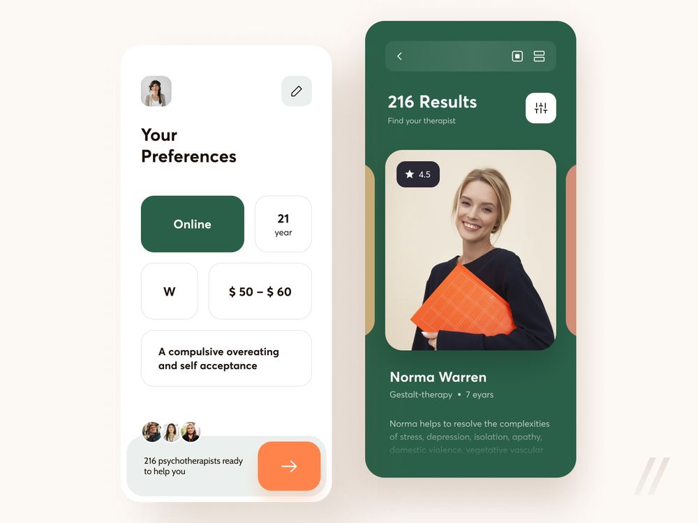 A mental health app for self-improvement can also have services of mental health practitioners or features for anxiety control as well (*image by [Purrweb UI](https://dribbble.com/purrwebui){ rel="nofollow" target="_blank" .default-md}*)