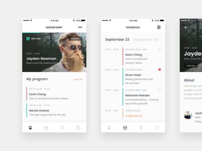 Often it's reasonable to combine program preview with the schedule in your event management app (*image by [Tom Vranek](https://dribbble.com/tomvranek){ rel="nofollow" .default-md}*)