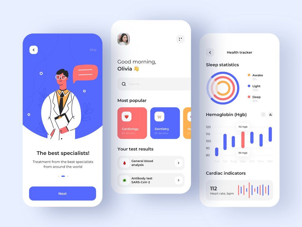 Custom healthcare mobile app development can help you extend your app’s functionality and be fully tailored to your case (*image by [Anastacia](https://dribbble.com/anastasia-tino){ rel="nofollow" target="_blank" .default-md}*)