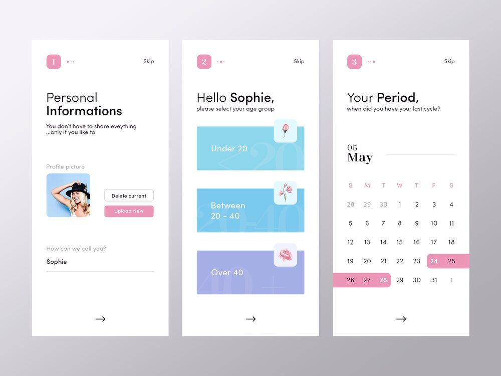 Period tracking apps track each phase of the cycle but can as well include features of general health and wellness apps (*image by [Bettina Szekany](https://dribbble.com/harmonybunnie){ rel="nofollow" target="_blank" .default-md}*)