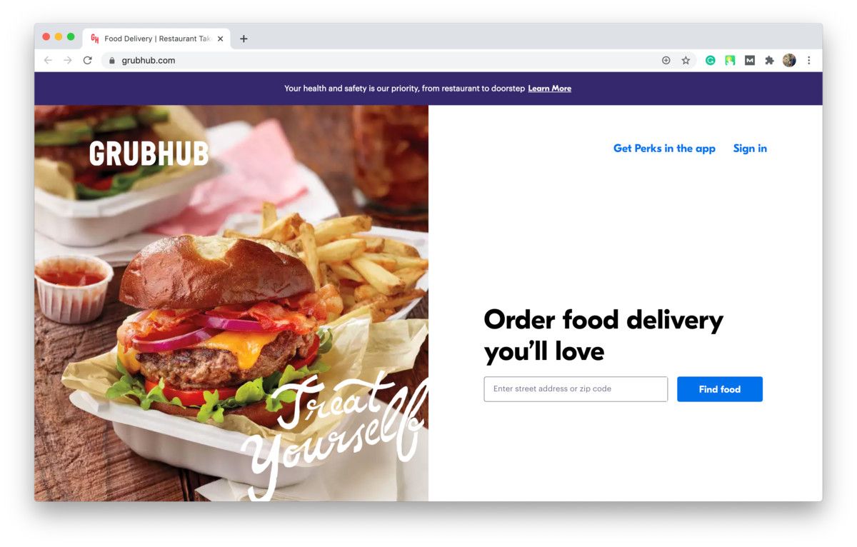 Grubhub food delivery services with this business model (*shots from [Grubhub](https://www.grubhub.com/){ rel="nofollow" target="_blank" .default-md}*)