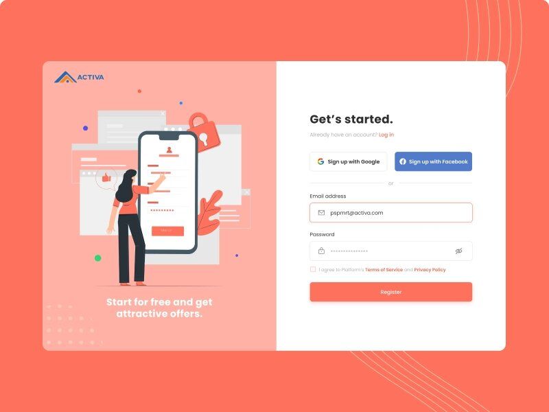 Sign up to a website via social media is a time-saver for your client (*image by [Faustina Puspamurti](https://dribbble.com/puspamurti){ rel="nofollow" target="_blank" .default-md}*)