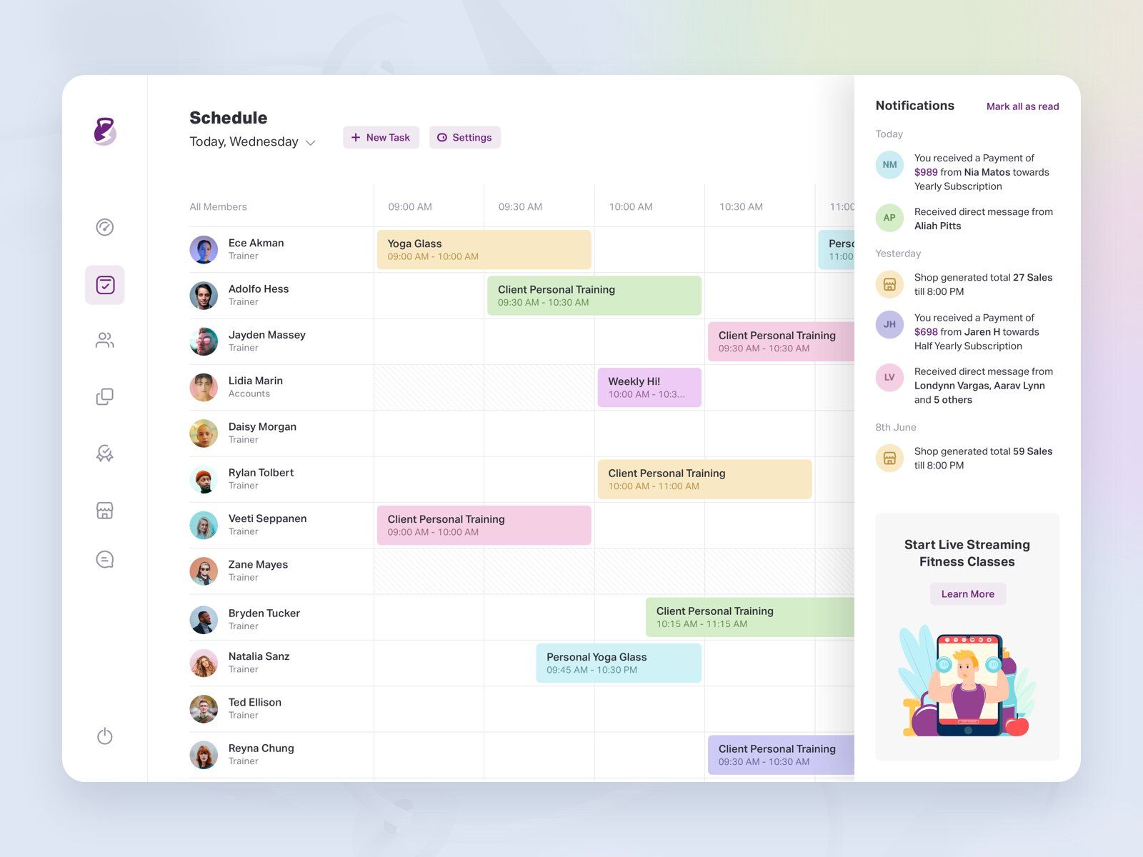 Fitness management software helps streamline all your internal processes and get even more from them (*image by [Prakash Ghodke 👋](https://dribbble.com/ghodkester){ rel="nofollow" .default-md}*)