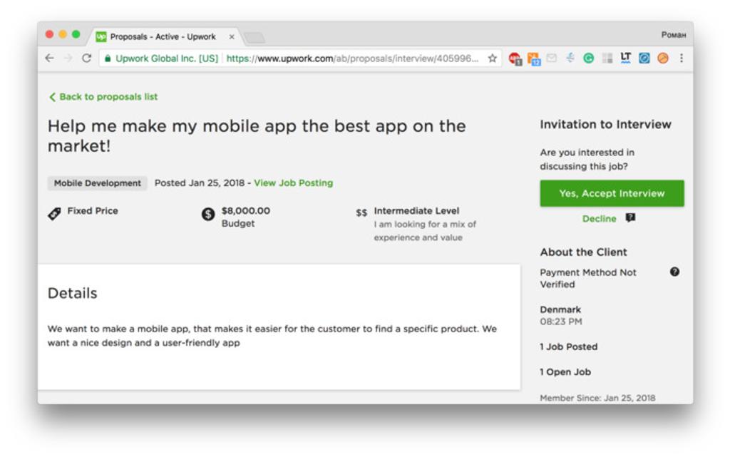 Example of a job offer from Upwork