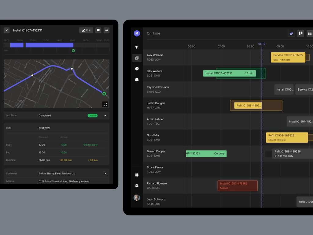 Example of smart fleet management presented in a timelined dashboard