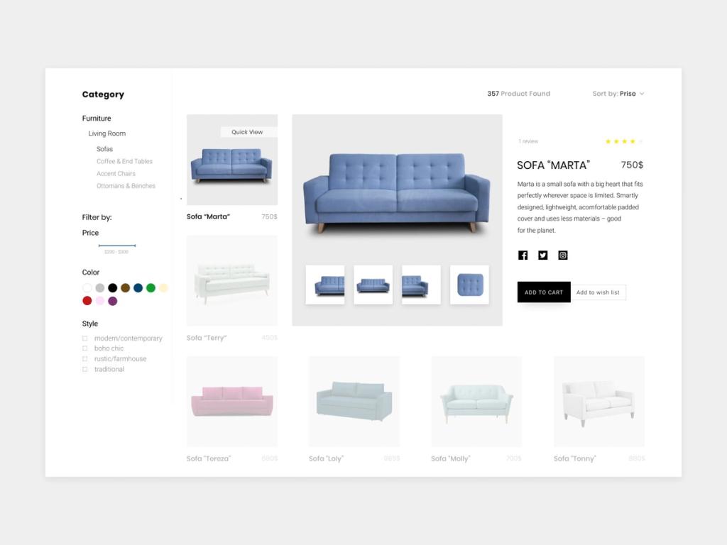 Online store with filters and responsive design