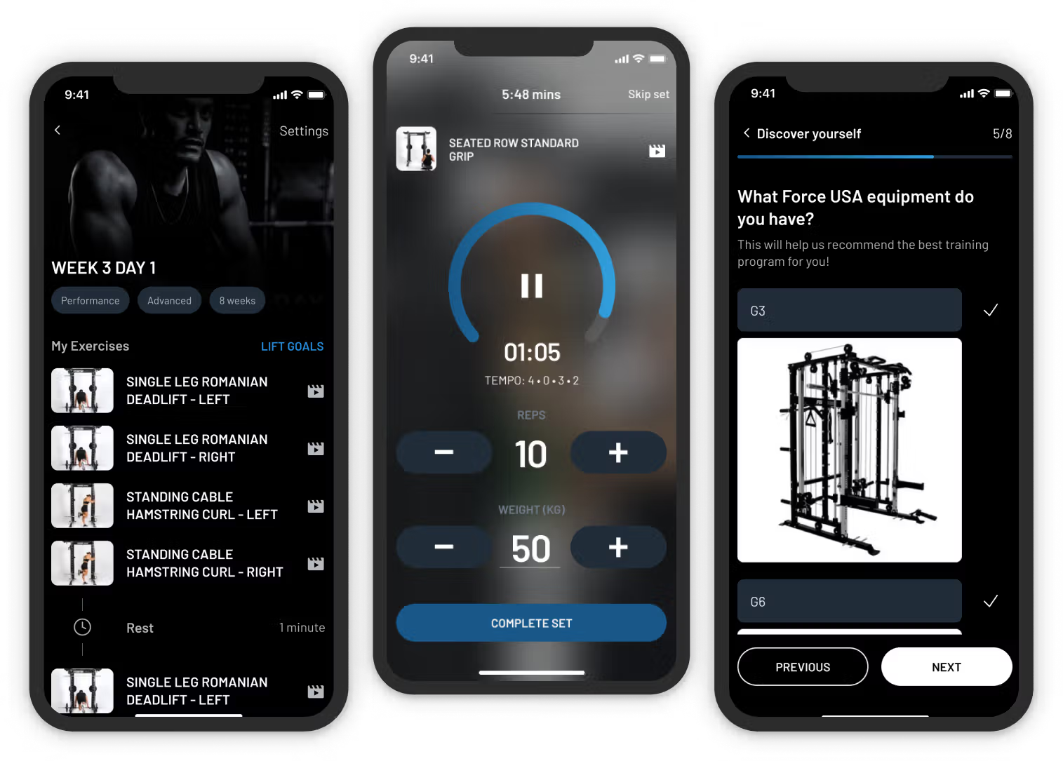Screenshots der plattformübergreifenden Fitness-Tracking-App von Force USA