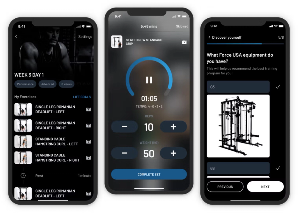 Screenshots der plattformübergreifenden Fitness-Tracking-App von Force USA