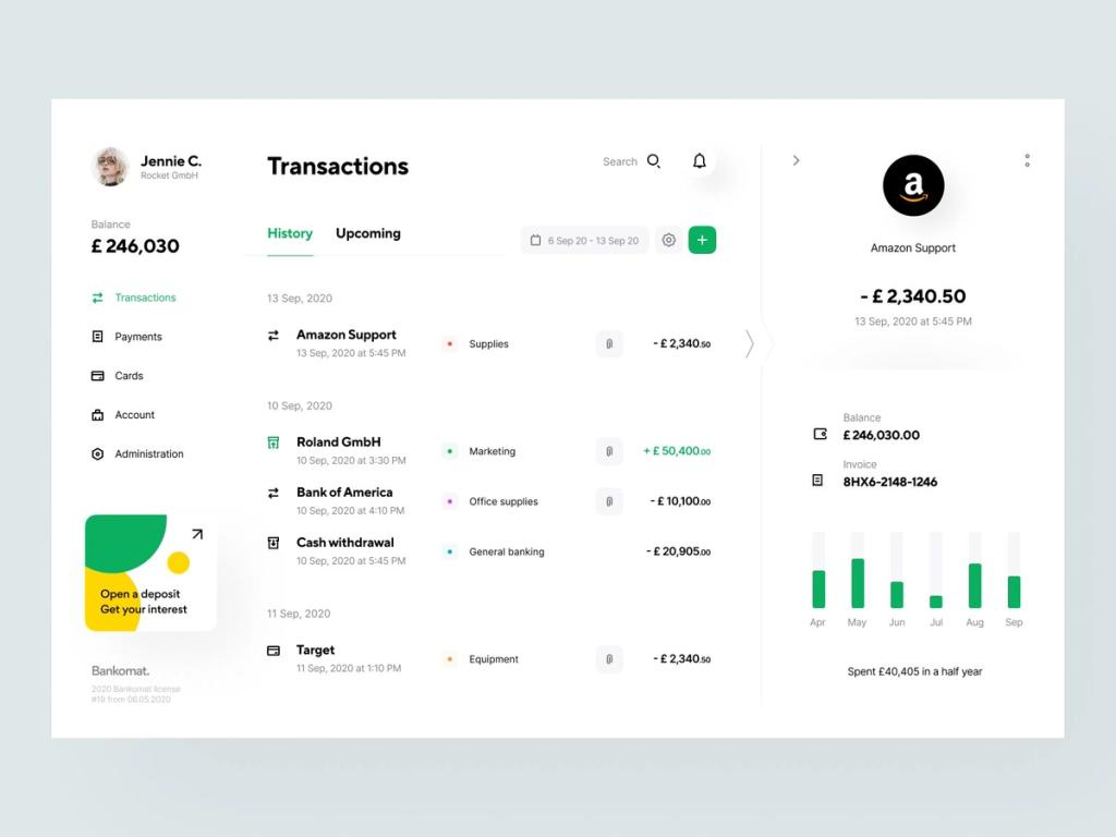 Transactions history of a financial site should contain all necessary information about them for great experience for customers