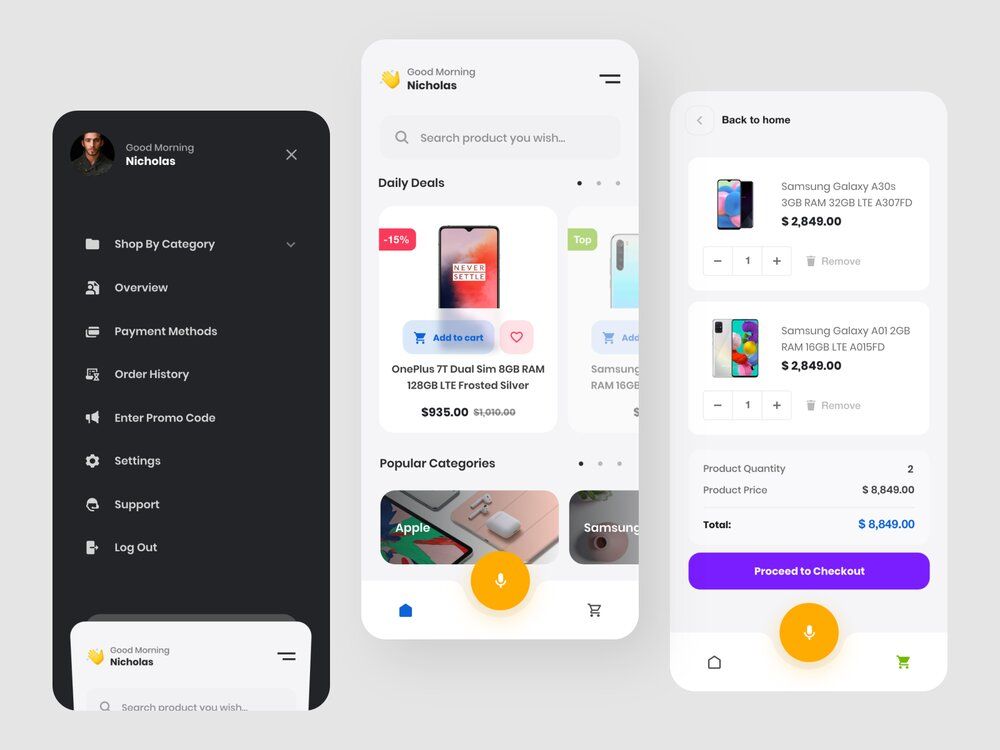 Most e-Commerce mobile apps have an online shopping cart for order management and payment (*image by [Nicholas.design](https://dribbble.com/ergemla){ rel="nofollow" target="_blank" .default-md}*)
