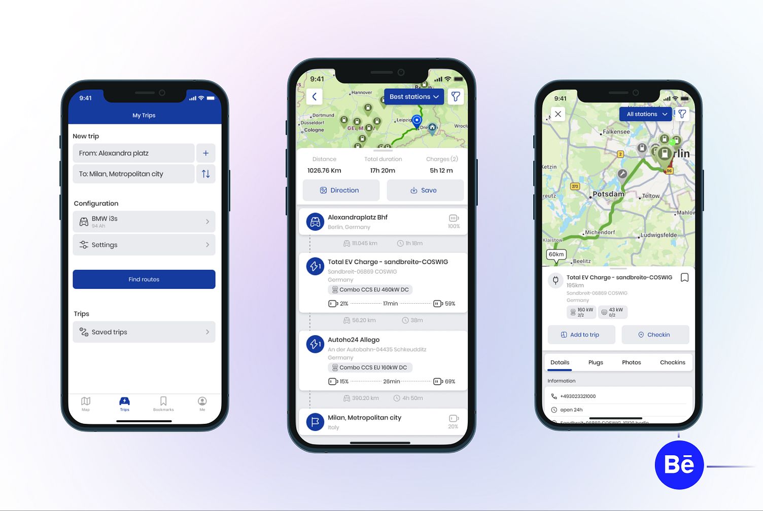 An example of the EV charging station finder app includes a map of nearby charging stations