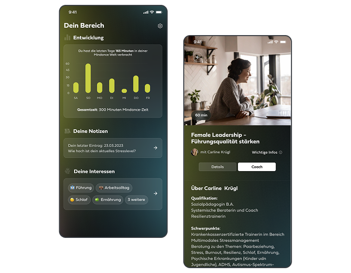 Screenshots of the Mindance app created by Stormotion, a React Native app development company