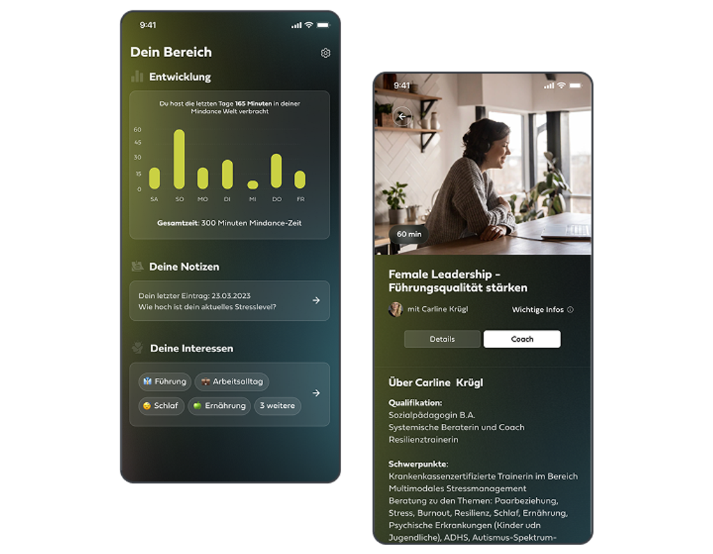 Screenshots of the Mindance app created by Stormotion, a React Native app development company