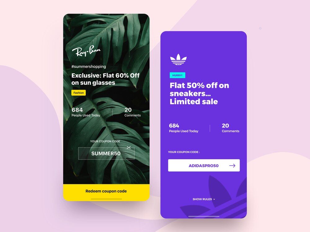 Coupons in eCommerce apps are great for improving shopping experience (*image by [Divan Raj](https://dribbble.com/divanraj){ rel="nofollow" target="_blank" .default-md}*)
