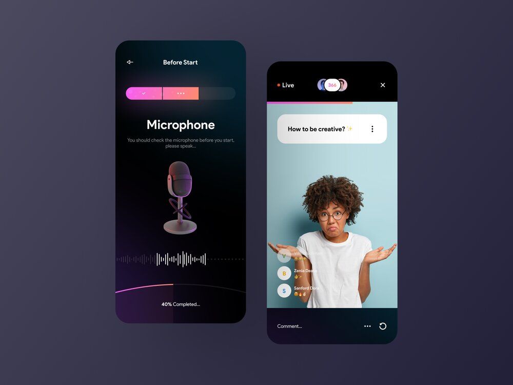 Screen sharing is something your audience might need in such apps, so consider adding it during the development (*image by [Mohamad Rasouli](https://dribbble.com/MRasouli){ rel="nofollow" target="_blank" .default-md}*)