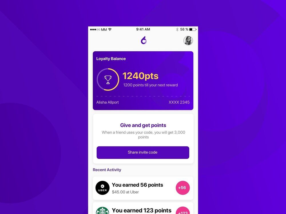 If you want to increase your retention rate, it might be a good idea to create a loyalty reward app for your rewards program (*image by [Alisha Allport](https://dribbble.com/alishaallport){ rel="nofollow" target="_blank" .default-md}*)