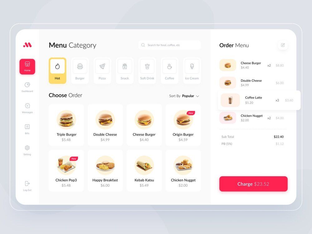 A compact menu with categories, menu, and order screen on the same page (*image by [Happy Tri Milliarta](https://dribbble.com/milliarta){ rel="nofollow" target="_blank" .default-md}*)