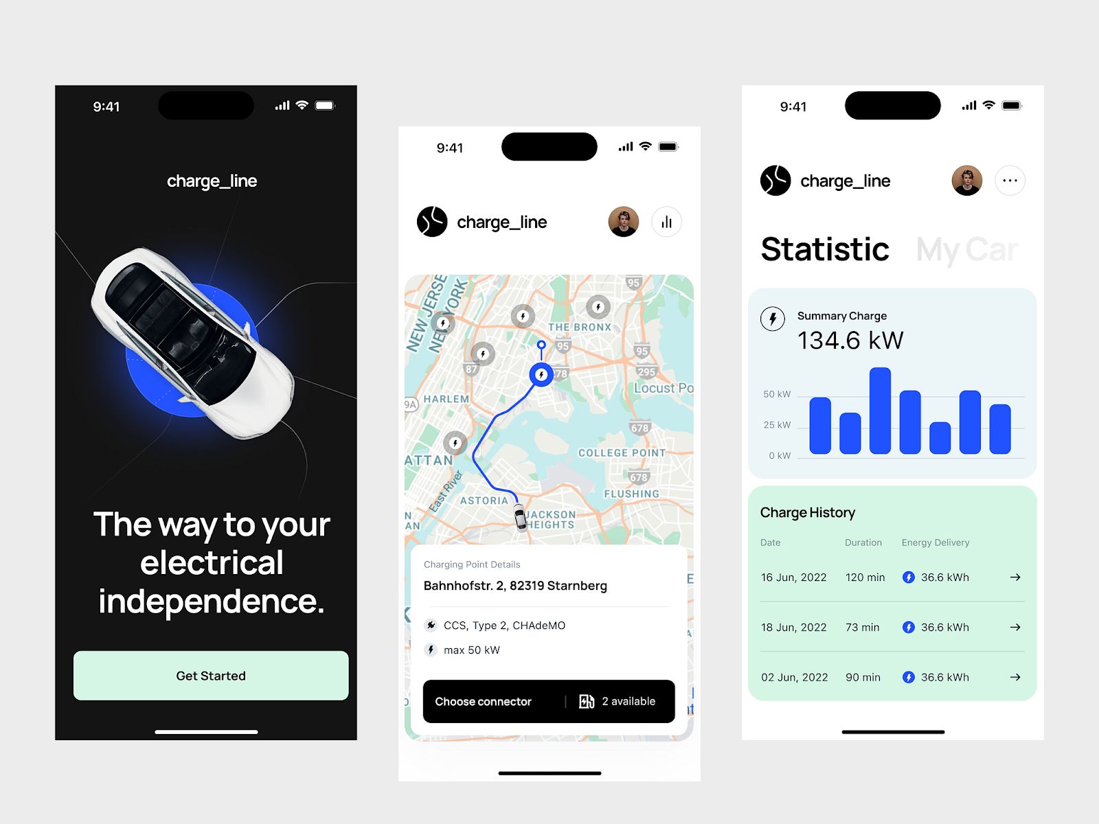 An example of the EV charging station finder app with charging statistics