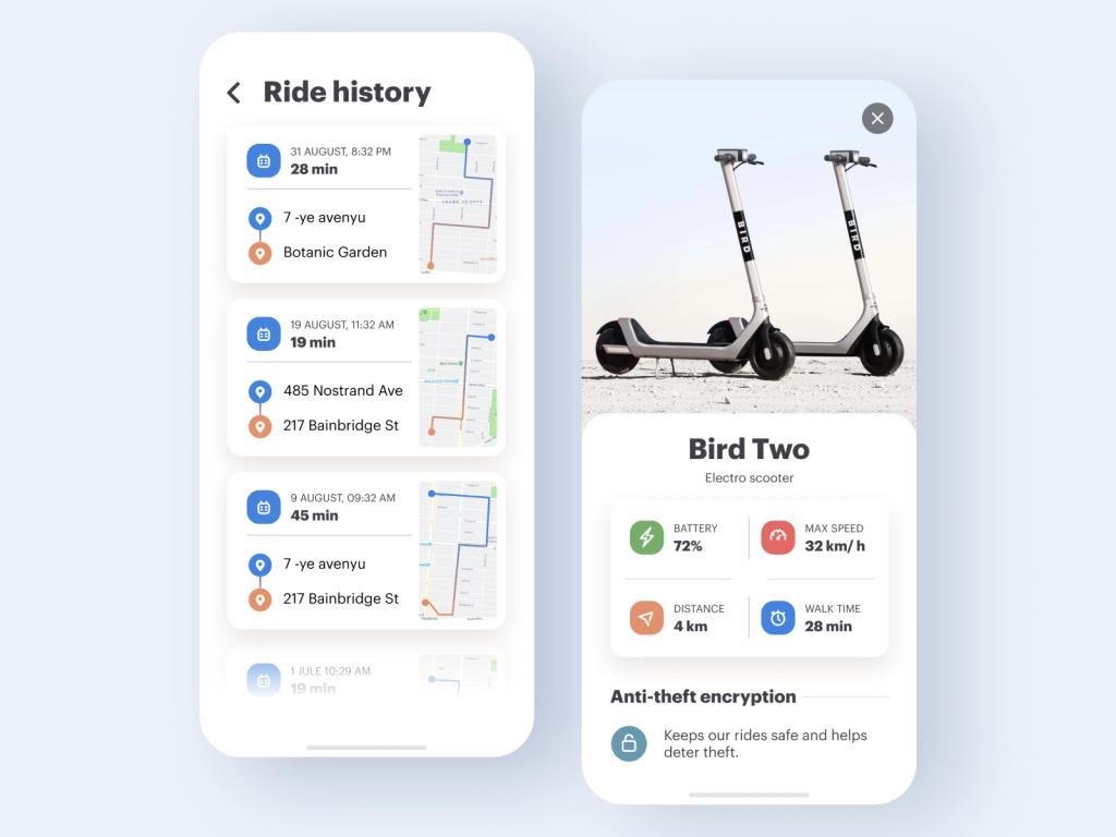 An example of an e-scooter rental app with a history screen