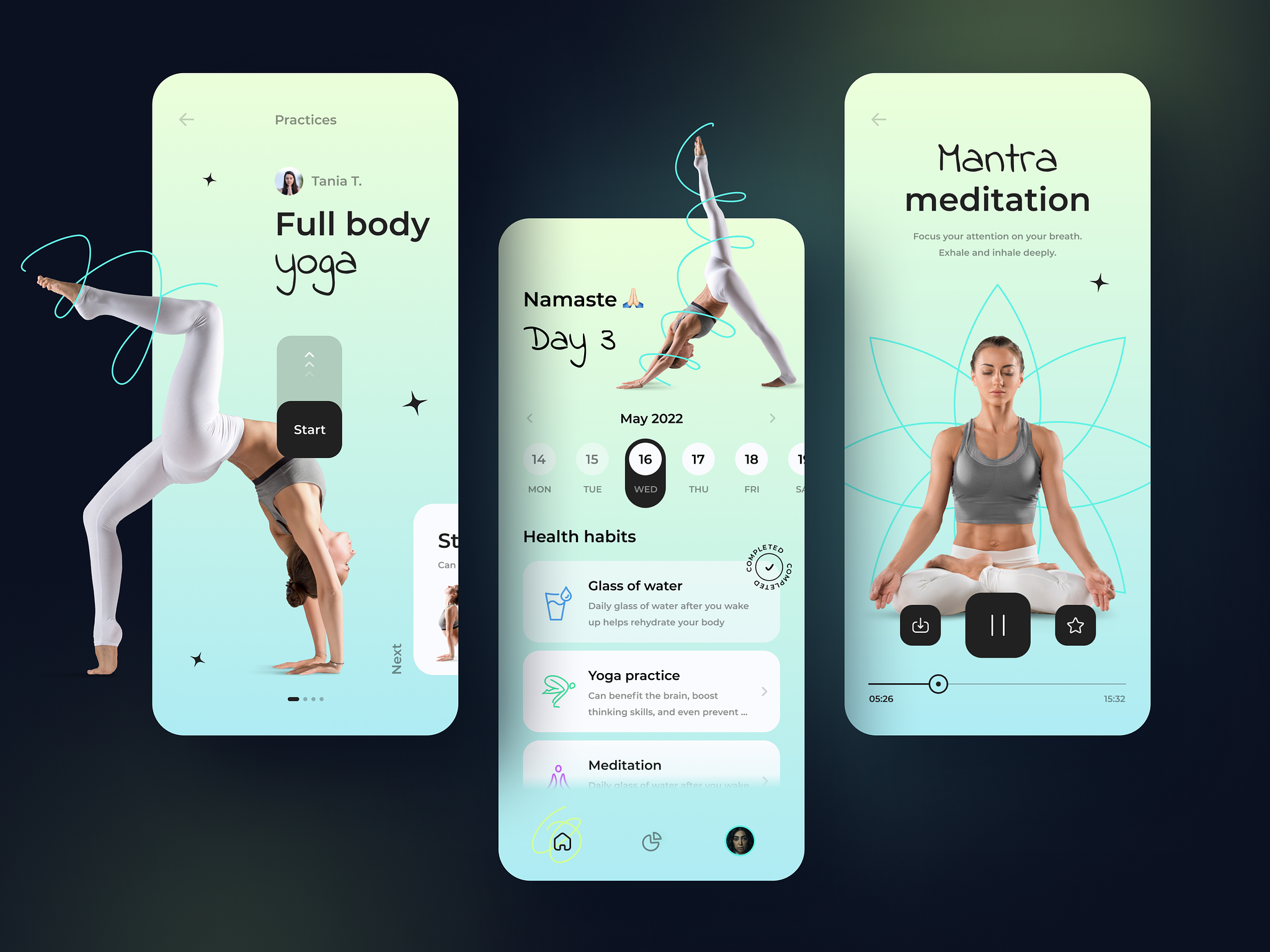 In the yoga app, users can follow a personalized sequence of poses and breathing exercises designed to enhance their practice and promote overall well-being.