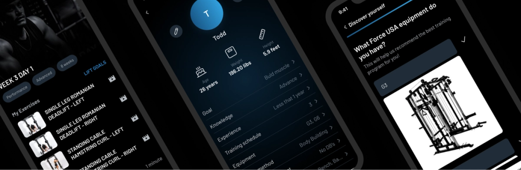 Screenshots of the Force USA fitness app UX featuring workout recommendations