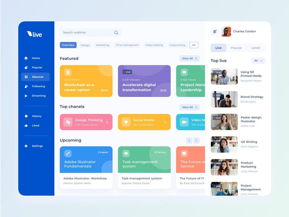 A service that offers educational live video streaming as well as pre-recorded webinars (*image by [Cleveroad](https://dribbble.com/cleveroad){ rel="nofollow" target="_blank" .default-md}*)