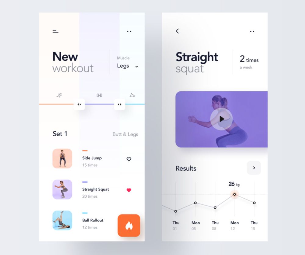 Applications for home yoga and workouts are extremely popular these days (*image by [Den Klenkov](https://dribbble.com/denklenkov){ rel="nofollow" .default-md}*)