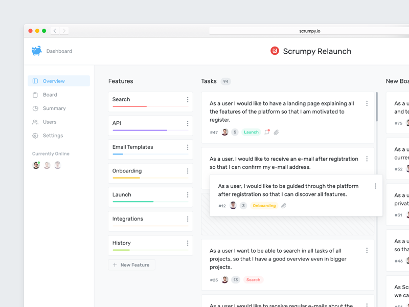 A few more examples of User Stories for websites (*image by [Philipp Kühn](https://dribbble.com/philippkuehn){ rel="nofollow" .default-md}*)