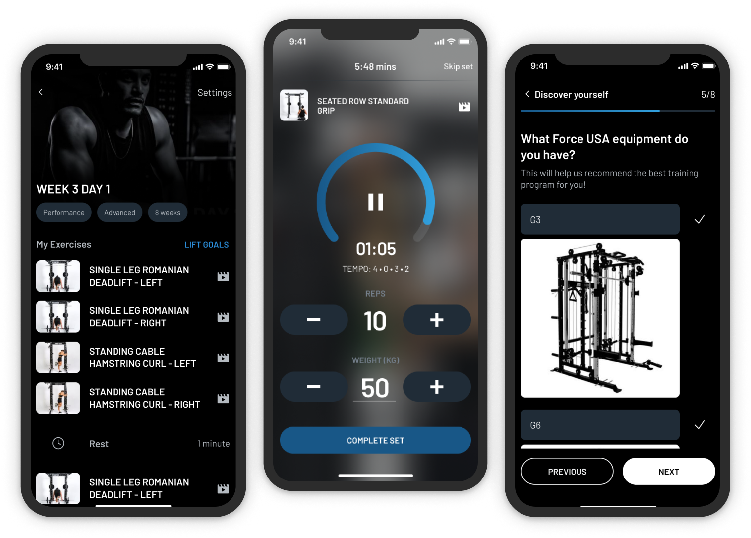Screenshots of the fitness tracking cross-platform app, Force USA