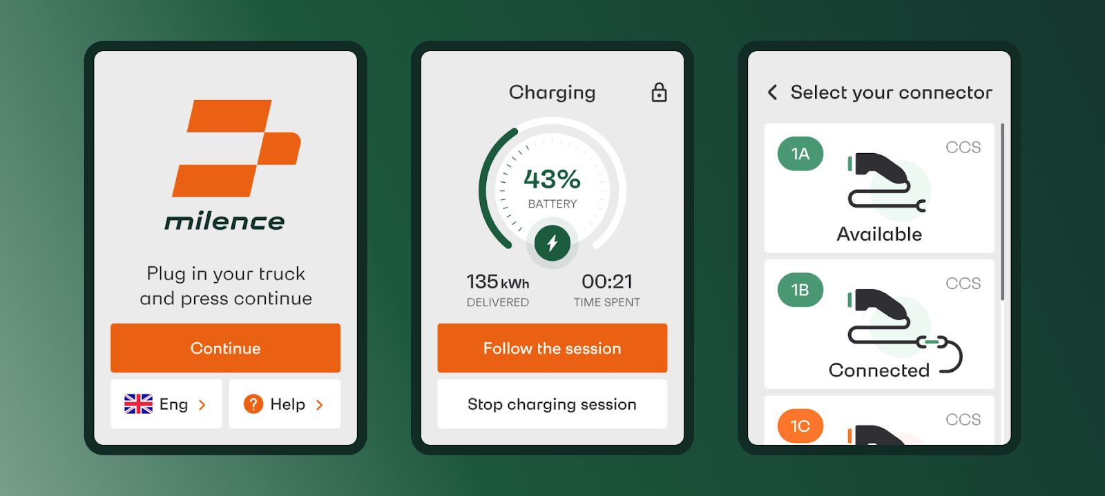 An example of the Milence payment terminal app design featuring charging windows