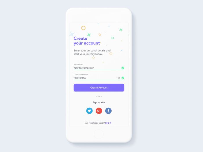 A good Sign Up screnn doesn't include anything unnecessary (*image by [Sergej Nawalnew](https://dribbble.com/nawalnew){ rel="nofollow" .default-md}*)