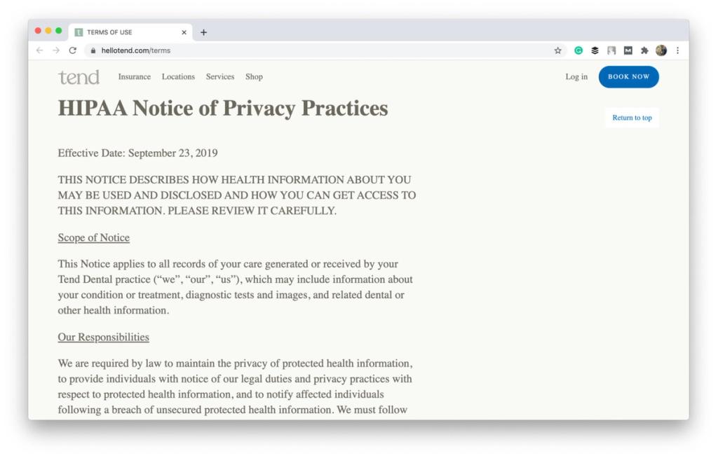 Shot from the Privacy Policy of Tend