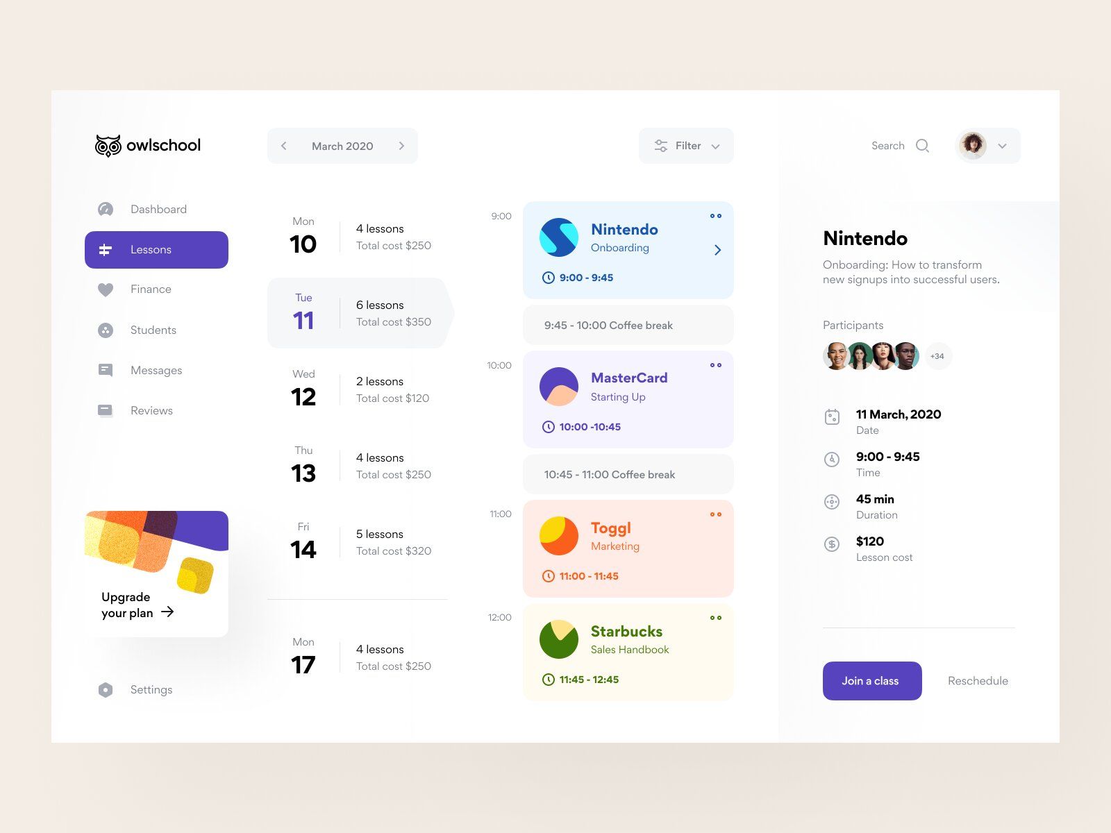 To create an online class consider adding a lesson Screen with a description (*image by [Vladimir Gruev](https://dribbble.com/gruev){ rel="nofollow" .default-md}*)
