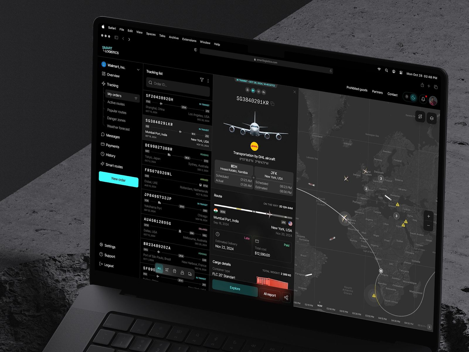 An example of a logistics company dashboard with satellite connectivity