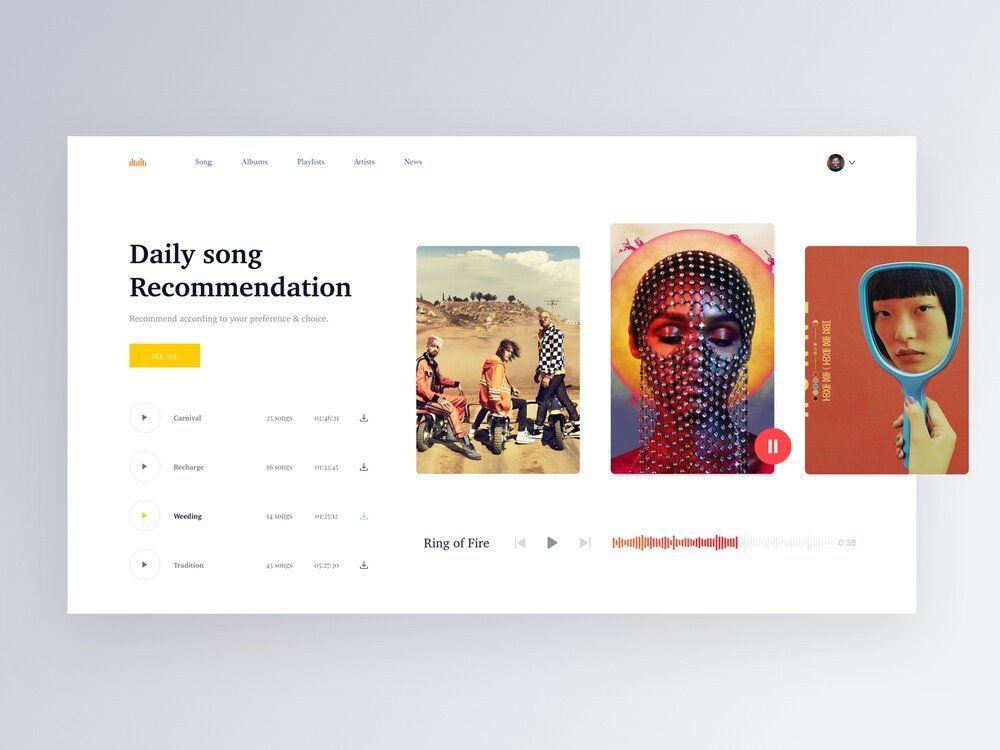 This music streaming service like Spotify offers daily song recommendations (*image by [Sajib Rahman](https://dribbble.com/mdsajib_rahman){ rel="nofollow" target="_blank" .default-md}*)