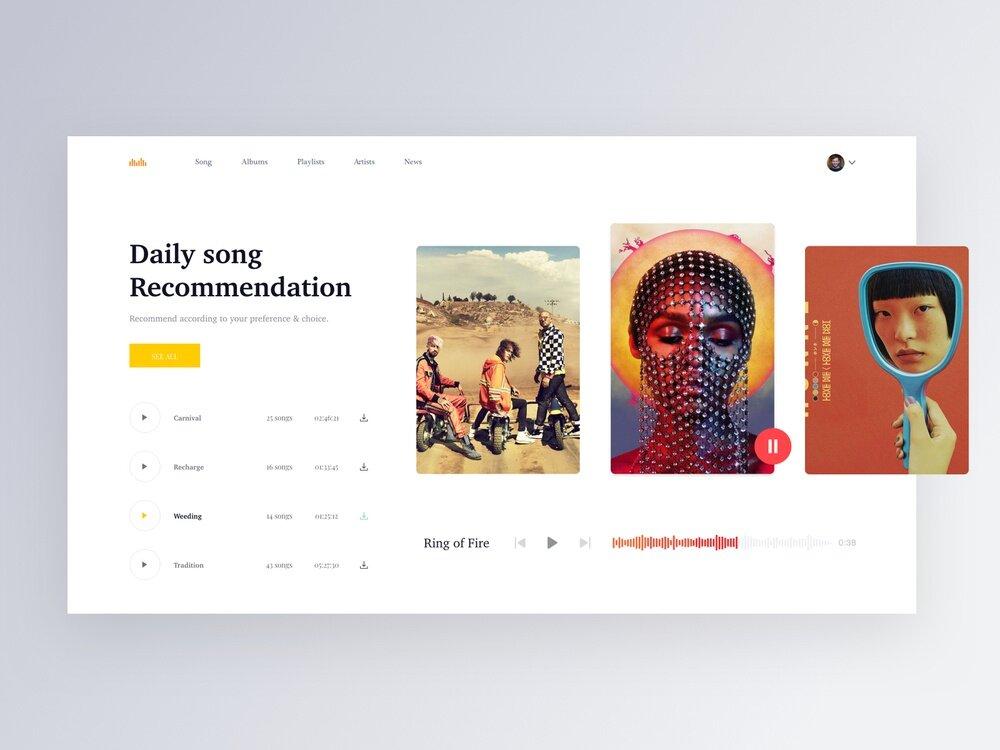 This music streaming service like Spotify offers daily song recommendations (*image by [Sajib Rahman](https://dribbble.com/mdsajib_rahman){ rel="nofollow" target="_blank" .default-md}*)