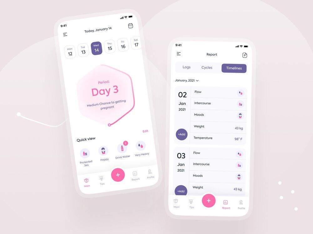 Period tracking app development can help women share details with their doctors and track health concerns (*image by [Nasir Uddin](https://dribbble.com/nasirnurency){ rel="nofollow" target="_blank" .default-md}*)